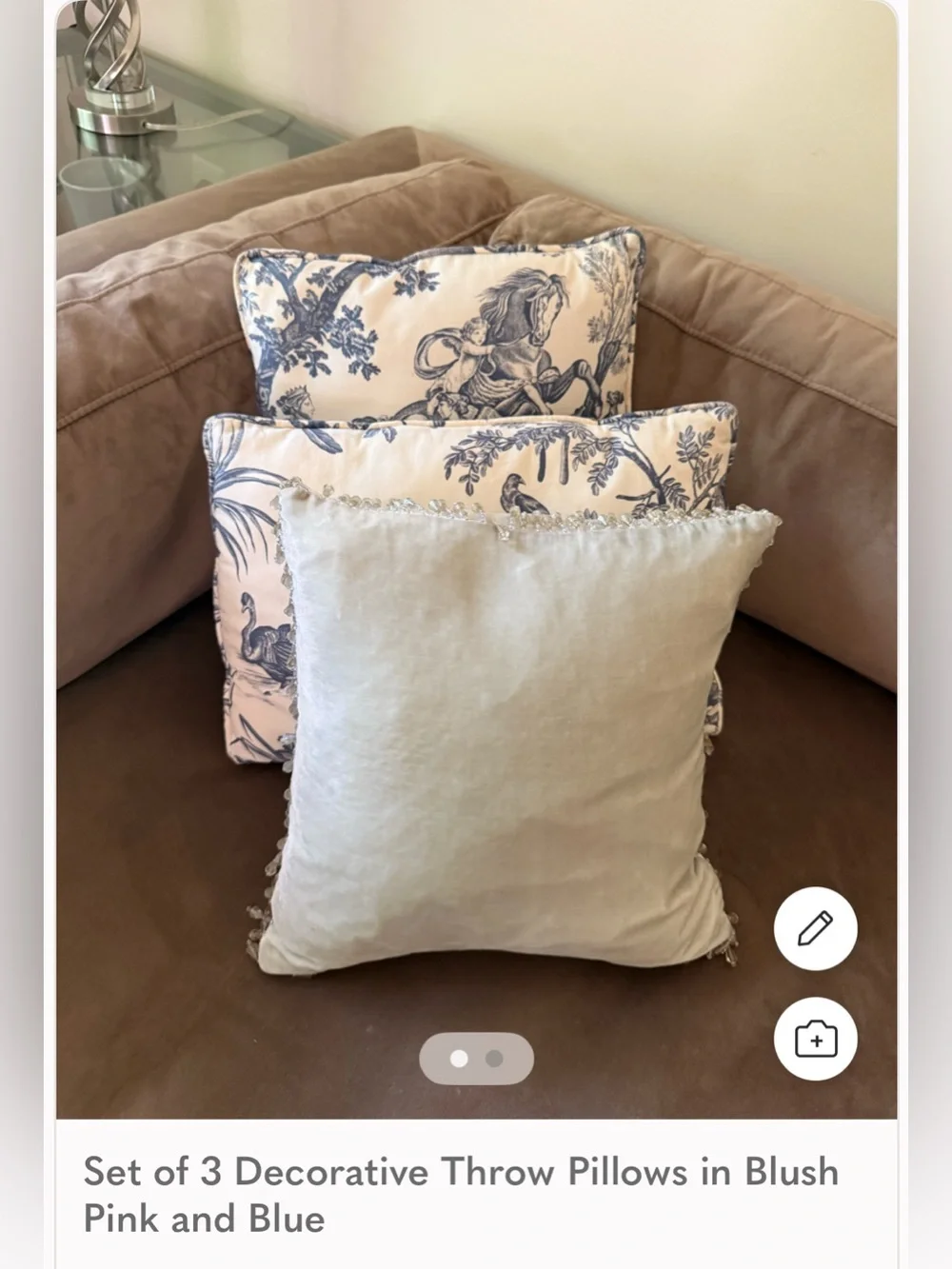 Set of 3 Decorative Throw Pillows in Blush Pink and Blue